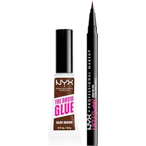 NYX Professional Makeup The Brow Glue Gel Sopracciglia Tonalità Dark Brown Istantaneo Effetto Laminazione 5g + Lift and Snatch Penna Sopracciglia No-Transfer Tenuta 16h Tonalità Espresso - Set da 2