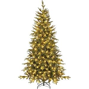 Yaheetech Albero di Natale Artificiale 213cm 1832 Rami PVC+PE 400 LED Verde | 8 Modalità di Luce Calda, Montaggio Rapido a Cerniera, Base Pieghevole Salvaspazio, Ideale per Uso Domestico e Commerciale