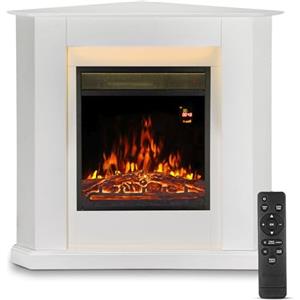 Juskys camino elettrico 1000/2000 W con riscaldamento, fuoco di camino, effetto fiamma, telecomando, illuminazione a LED e timer - Camino elettrico angolare bianco
