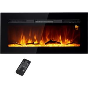 HOMCOM Camino Elettrico da Incasso a Convezione 1800W 91.4x15.8x45 cm Nero | Telecomando, Fiamma e Illuminazione Regolabile, Caminetto Elettrico da Parete, Timer e Termostato, Acciaio e Vetro Temperato