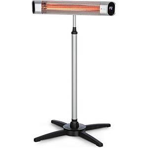 Blumfeldt Dark Wave - Riscaldatore Esterni, Radiatore, Stufa Elettrica da Esterno, 2500 W, Tubo in Carbonio Placcato Oro, 9 Livelli Calore, Timer 24 H, IP65, Touch, Display LED, Argento, Piedistallo