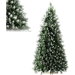 LILIIN Albero di Natale artificiale premium da 225 cm, con neve artificiale, rivestimento sulle punte, PVC PE verde, albero di Natale con sistema di piega, supporto in legno, senza luci