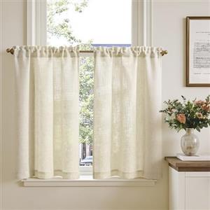 TOPICK tenda a pannello lino tenda bistrò 2 pezzi 65L x 90A cm Beige | tende da cucina lino semitrasparente filtra la luce sciarpe abbinate per soggiorno casa di campagna piccole finestre