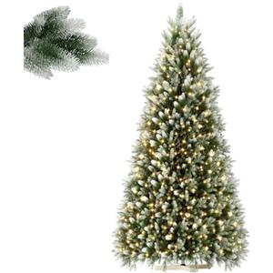 LILIIN Albero di Natale artificiale di alta qualità, 225 cm, con rivestimento in neve artificiale su punte, verde PVC + PE, albero di Natale con sistema pieghevole, supporto in legno, con luci