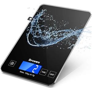 Drcowu Bilancia da Cucina 15kg/1g con Spegnimento Automatico e Display LCD Grande | Bilancia da cucina digitale precisa con funzione tara, nera, ideale per pasta madre, dolci e dieta chetogenica