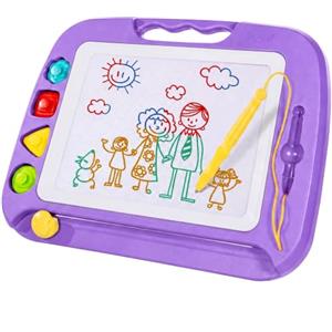 SGILE Lavagna Magica per Bambini, Grande Tavola Disegno con 4 Zone Colorate | Lavagnetta Magnetica Cancellabile con 4 Timbri, Giocattoli Educativi e Regalo per Bambina Bambino 1-4 Anni, 32 x 42 cm, Viola