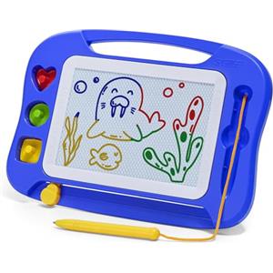 SGILE Lavagna Magica Bambini, Portatile Tavola Disegno con 4 Zone Colorate | Lavagnetta Magnetica Cancellabile con 3 Timbri, Giocattoli Educativi e Regalo per Bambina Bambino 1-4 Anni, 18 x 25 cm, Blu