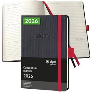SIGEL C2609 Agenda settimanale Conceptum 2026-1 anno - circa A6 - nero/rosso - 2 pagine - 1 settimana - copertina rigida - 80 g/m² - 176 p. - certificazione PEFC