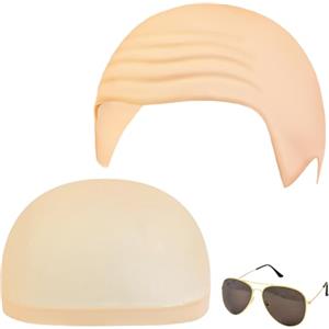 Alaoo Calotta Calva,Parrucca pelata uomo,Berretto per Parrucca Testa Calva | Occhiali da sole inclusi, cappello calvo per adulti, Cappello calvo in costume adatto per Halloween e Carnevale
