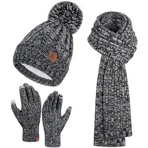 Bequemer Laden Cappello Berretto PON PON Guanti Sciarpa Donna Invernale | Invernali Donna Sciarpe Lunghe Beanie Cappelli Berretti Termici con Fodera in Pile Guanti Touch Screen Regalo Natale per Lei
