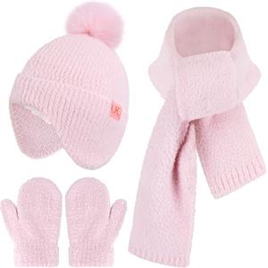 Bequemer Laden Invernale Cappello Bambino Sciarpa Guanti a Manopola 0-4 | Invernali Termici Cappelli Berretti con Paraorecchie e Pon Pon Pile Scaldacollo Muffole Bambina Bambini 0-4 Regalo Natale