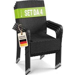 Juskys Sedie da giardino in polyrattan Yoro set da 4 con braccioli e schienale - 4 sedie impilabili - sedia in rattan per giardino - sedia impilabile nera
