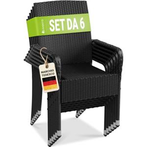 Juskys Sedie da giardino in polyrattan Yoro set da 6 con braccioli e schienale - 6 sedie impilabili - sedia in rattan per giardino - sedia impilabile nera