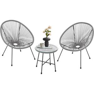 Juskys Set di mobili da balcone Ostana 3 pezzi - Tavolo e 2 poltrone - Elegante gruppo di seduta per balcone, terrazza e giardino - Set di mobili da giardino per balcone Grigio chiaro