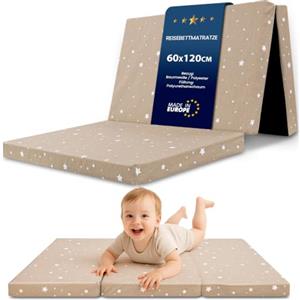 Totsy Baby Materasso Culla 60x120 cm pieghevole per Lettino da Viaggio | Sfoderabile rivestimento lavabile 30 gradi borsa di trasporto inclusa schiuma compatta bambini Beige con stelle bianche