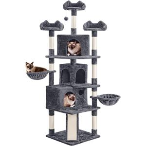 Yaheetech Albero Tiragraffi per Gatti Altezza 194 cm in Truciolato e Corda in Sisal con 3 Casette Rampa e Ceste Multilivello Grigio Scuro
