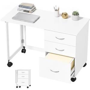 HOMCOM Scrivania per Computer Pieghevole, 3 Cassetti, Bianco Effetto Legno | Scrivania Ufficio Salvaspazio, 6 Ruote, Guide per A4 Lettera, Tavolo PC per Ufficio Studio Camera da Letto 107x50x72cm