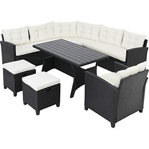 CASARIA Salottino da Esterno Tavolo Panca Sedute Polyrattan | Gruppo Mobili, da Esterno, Giardino, Lounge, in WPC, Salotto Angolare, Poltrone, 9 Persone, Fodere Lavabili