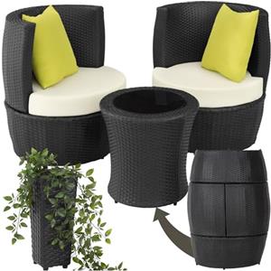 tectake® Set di Mobili da Giardino, Poli Rattan e Alluminio, 2 Sedie, 1 Tavolo, 1 Vaso, Cuscini, Sedia da Esterno, Poltroncina, Set Balcone, Poltrona Giardino, Tavolo con Sedie Esterno - Nero