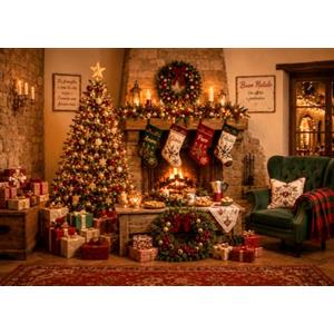 NEONSKY Sfondo Fotografico Natale 210×150 cm con camino e albero di Natale, dona calore alla casa, perfetto per scatti tra parenti e amici, decorazione per feste, riunioni e eventi natalizi vari