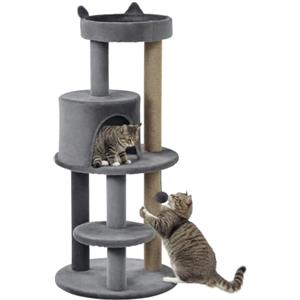 PawHut Albero Tiragraffi per Gatti a 3 Livelli 48x48x104 cm Grigio | Trespoli, Casetta, Pallina Appesa, in Legno, Sisal e Peluche