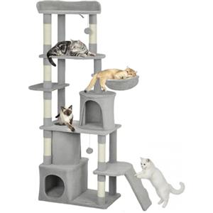 PawHut Albero Tiragraffi per Gatti Multilivello Alto 170 cm Grigio Chiaro | 7 Pali Graffiatoi, 2 Grotte, Piattaforme, Lettino, Amaca, 2 Pompon, Scala, Tunnel, Torre Gattini, Peluche, Gatti Adulti