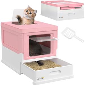 PawHut Lettiera per Gatti Chiusa Pieghevole 47.5x35.5x36.7 cm Rosa e Bianco | PP, Paletta Inclusa, Cassetta Igienica per Gatto, Vassoio Estraibile, 2 Porte