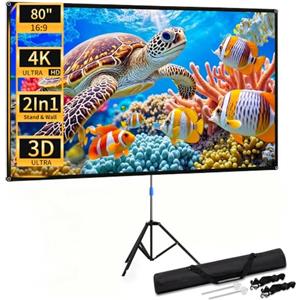 WASJOYE 80 pollici 16:9 Telo Proiettore Con Treppiede | 4K HD Schermo Proiettore,con corda e picchetti inclusi,idea per Festa in famiglia,Film all'interno e Esterno.