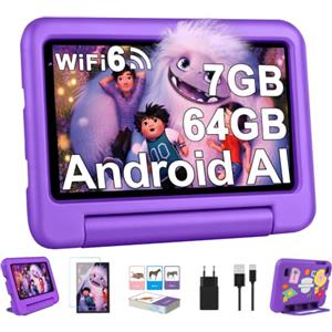 DEERTiME 2026 Tablet Bambini 7 pollici Android, 7GB RAM + 64GB ROM/TF 1 TB, Wi-Fi 6, BT 5.0, 8-core, Batteria 3500mAh, Controllo Parentale, Doppia Fotocamera, GMS, Tablet Bambini Con Custodia in EVA - Viola