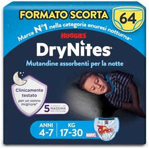 Huggies Drynites Pannolini Mutandina, Taglia M (17-30 Kg), 64 Pannolini | Pannolini mutandina, Con strato assorbente, Contro Enuresi notturna, Da indossare come vere mutandine