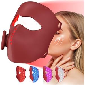 Rkdely Maschera a LED per il viso, 4 colori, 64 lampade a luce rossa | 4 modalità di luce + infrarosso, ricaricabile, sedile confortevole, funzione timer. Ideale per tutti i tipi di pelle per la