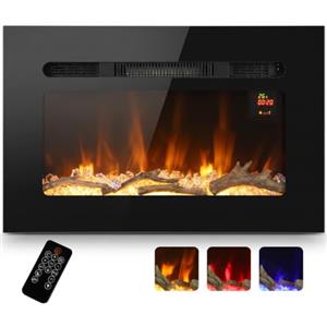 HOMCOM 66cm Camino Elettrico da Parete e Incasso 1800W Riscaldamento, Nero | 3 Colori Fiamma 3D, 5 Luminosità, Ceppi e Cristallo, Caminetto Elettrico con Telecomando, Touchscreen, Timer, Termostato, 40㎡
