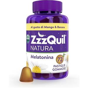 ZzzQuil Natura Melatonina Integratore per Dormire, Gusto Mango e Banana, Con Valeriana, Camomilla, Vitamina B6 e Estratti alle Erbe, 72 Gommose