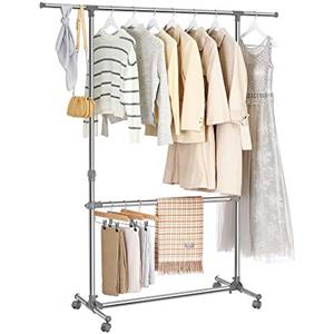 SONGMICS Stand Appendiabiti a 2 Livelli con Ruote, Larghezza 101-165 cm | Attaccapanni Estensibile in Acciaio e Plastica ABS, Portata Totale 50 kg, Grigio, Collezione Pataye LLR401