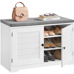 VASAGLE Panca Scarpiera a 3 Livelli, con Ante e Cuscino | Panchina Contenitore, Ripiani Regolabili, 35,5 x 81 x 52,5 cm, Bianco Nuvola e Grigio Tortora, Collezione SOFIE LSB034W01