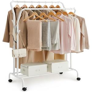 SONGMICS Stand Appendiabiti Doppio con Ruote, in Acciaio, 102,5 cm | Attaccapanni Multifunzione, Portata fino a 100 kg, Bianco Opaco, Collezione PATAYE HSR107W01