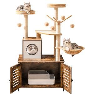HOOBRO Albero per Gatti con Mobile per Lettiera, Lettiera Nascosta, Casetta per Gatti con Graffiatoi, Bastoncini con Pompon Rimovibili, Marrone Vintage EBF14MZ03