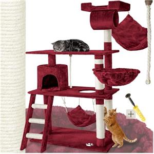 Tectake® Albero Tiragraffi per Gatti 141 cm, Colonne Sisal, Amaca, Tunnel | Casetta, Cuccia Morbida, Piattaforme Panoramiche, Scala, Cordoncino da Gioco, Protezione Antiribaltamento, Rosso