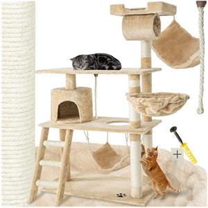 Tectake® Albero Tiragraffi per Gatti 141 cm, Colonne Sisal, Amaca, Tunnel | Casetta, Cuccia Morbida, Piattaforme Panoramiche, Scala, Cordoncino da Gioco, Protezione Antiribaltamento, Beige