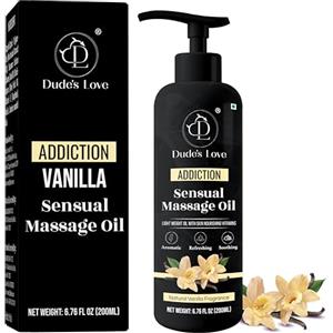 Dude's Love - Biologico - Olio da massaggio sensuale afrodisiaco commestibile alla vaniglia per coppia-Leccabile|per momenti sessuali intimi - Vaniglia naturale e gelsomino con olio di cocco - 200 ML