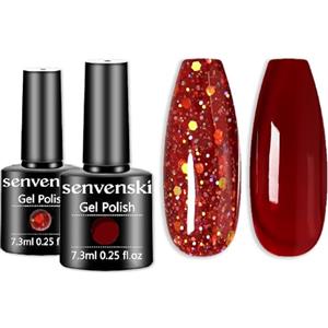 Senvenski Rosso Gelatina Smalto Semipermanente Kit, Oro Glitter Unghie, Maroon Cerise Puro Semipermanente Set UV LED (CS2-015)