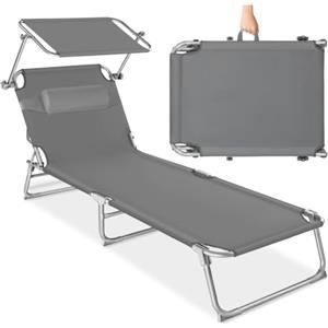 tectake® Lettino Prendisole Pieghevole, 190 x 68 x 111 cm, Sedia a Sdraio con Parasole, Cuscino e Maniglia per Trasporto, Schienale Regolabile in 4 Posizioni, Traspirante ed Impermeabile - Grigio