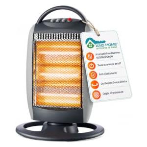 AND HOME Stufa Elettrica Basso Consumo - da Pavimento 1200 W - con Oscillazione | 3 potenze 400/800/1200 W, 3 Tubi Alogeni, Anti-Ribaltamento, Griglia di Protezione, Oscillazione, Altezza 54 cm