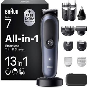 Braun Rasoio Elettrico Barba e Capelli Serie 7, Accessori AIO7565 Blu | Rifinitore All-in-One 13in1, Lama Problade, Rasoio Elettrico Corpo Uomo, Peli Naso, Impermeabile Ricaricabile
