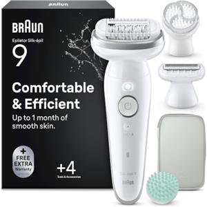 Braun Silk-Épil 9 Epilatore Elettrico Donna, Accessori, 9-080 Argento | Depilatore Corpo Donna Impermeabile, Custodia, Cappuccio Regolatore, Spazzola Esfoliante, Acc. Massaggiante, Testina Radente