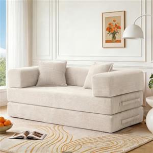 Vipbear Divano letto doppio senza struttura, 160 cm, velluto a coste premium 5 in 1, versatile, memory foam, pieghevole, per soggiorno, bianco