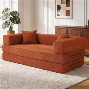Vipbear Divano disossato, 200 cm, in velluto a coste premium, divano pieghevole 5 in 1, letto futon a 3 posti, con 2 cuscini in memory foam, per piccoli spazi, arancione