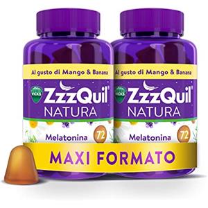 ZzzQuil Natura, MELATONINA per DORMIRE, INTEGRATORE con MELATONINA pura ed Estratti di Valeriana, Camomilla e Lavanda, MAXI FORMATO 2x72 Pastiglie Gommose, Gusto MANGO E BANANA