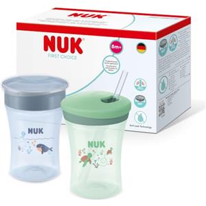 NUK Set First Choice per imparare a bere | Tazza magica e tazza con cannuccia | 230 ml | Biberon per bambini piccoli | Balena blu e tartaruga verde | 2 pezzi