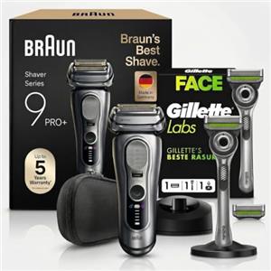 Braun Serie 9 Pro+ Rasoio Elettrico Barba Nero, 9618SI Rasoio Gillette Labs | Regolabarba Uomo Impermeabile, Ricaricabile, con Base di Ricarica e Custodia da Viaggio, Rasoio Gillette Labs con 2 Lamette